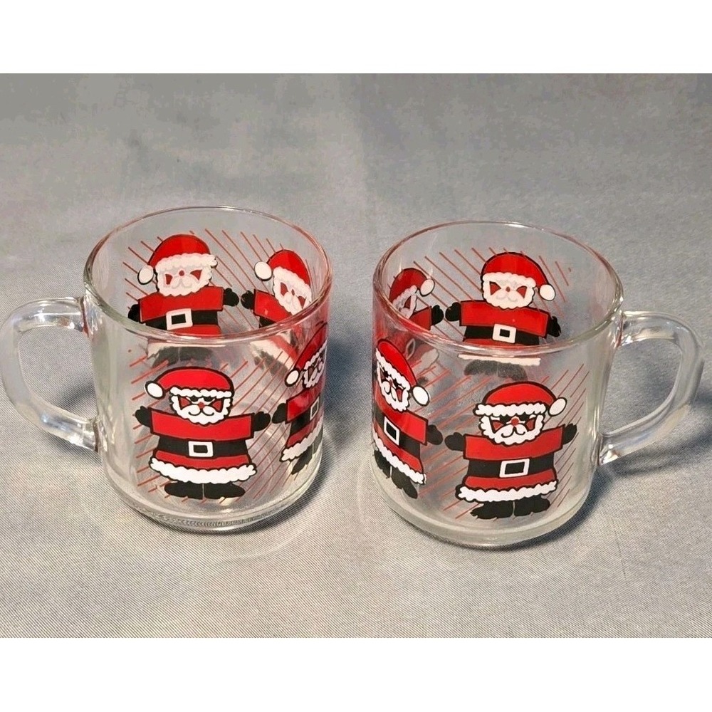 Vintage 80s Luminarc Glass Christmas Santa Mugs Set of 2 Clear Holiday Cups Fran